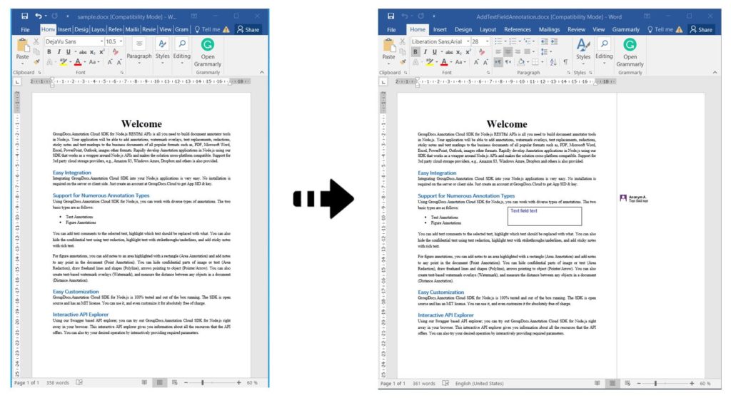Add Text Field Annotations in Word Documents using REST API in Node.js