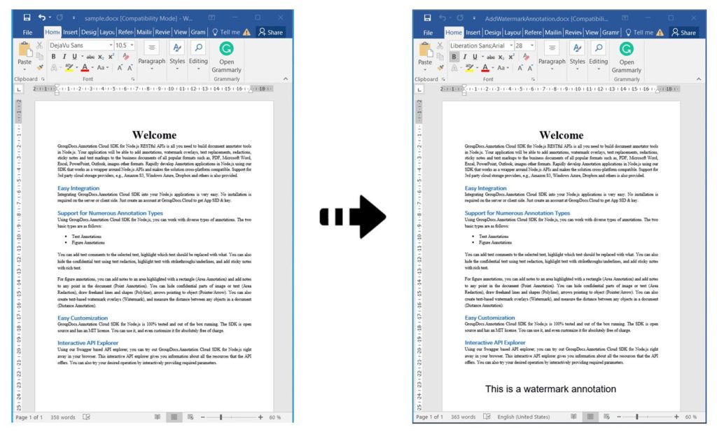 Watermark Annotations in Word Documents using REST API in Node.js