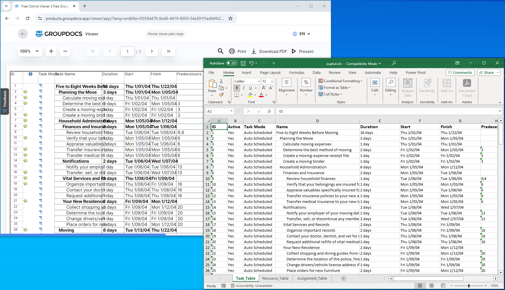 mpp إلى excel