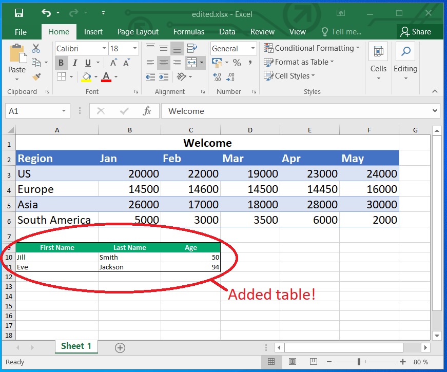 Přidejte tabulku do listu Excel pomocí Pythonu.