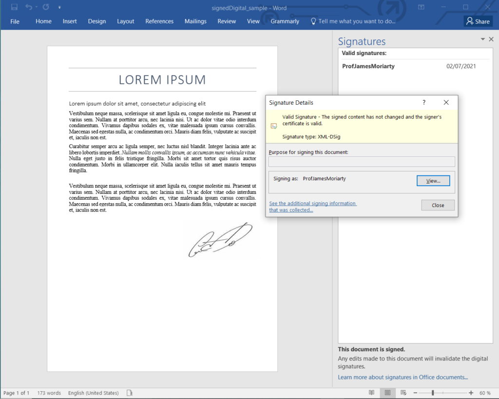 Signieren Sie Word Dokumente mit digitalen Signaturen mithilfe von Node.js