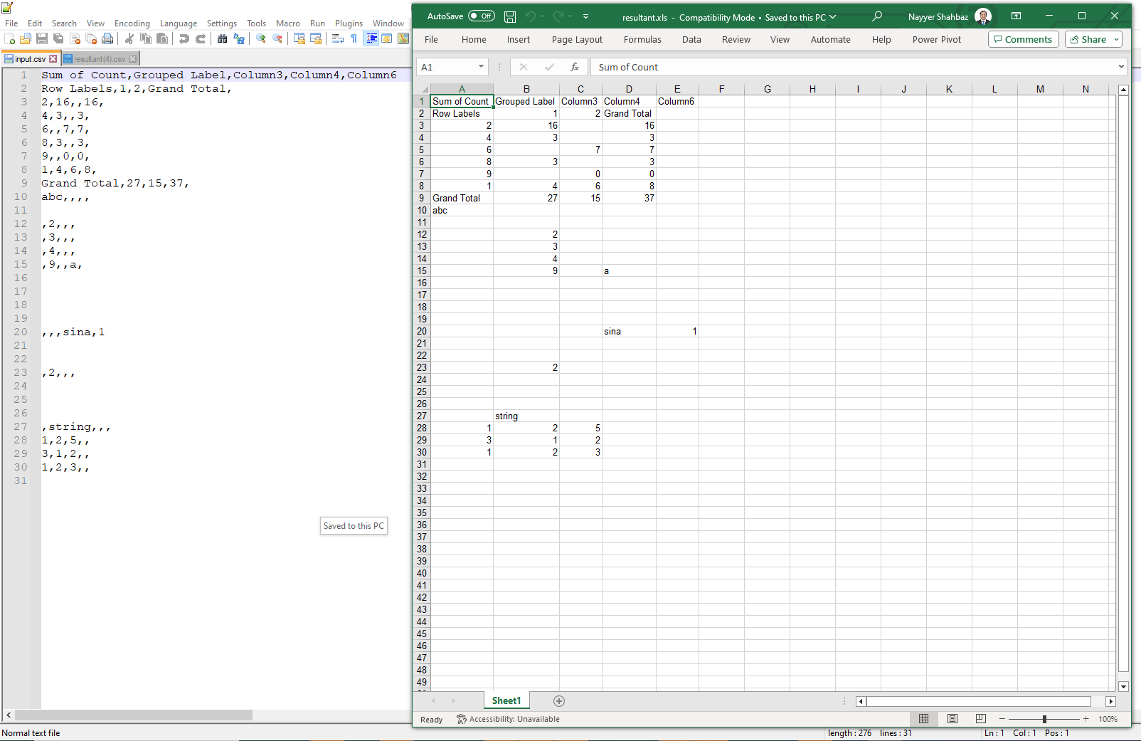 csv から Excel へ
